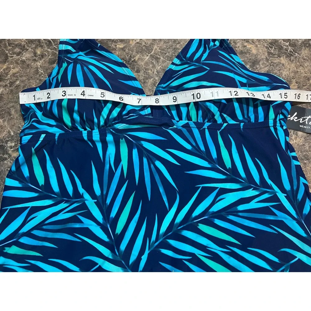 Rekita Womens Tropical Palm Leaf Tankini Set Navy Teal Swim Skirt Medium NEW - Picture 7 of 9